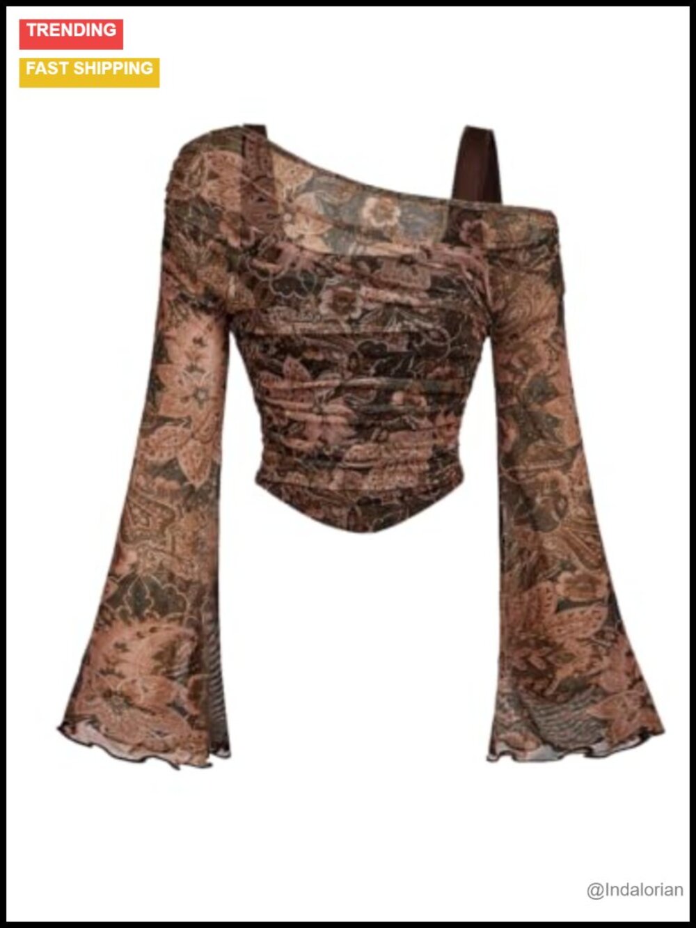 Women Paisley Print Asymmetrical Long Sleeve Mesh Boho Top